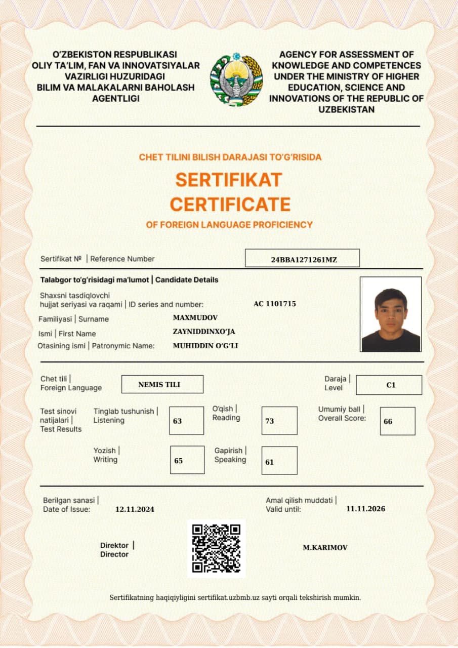 Zayniddinkhuja Makhmudov — certificate 1