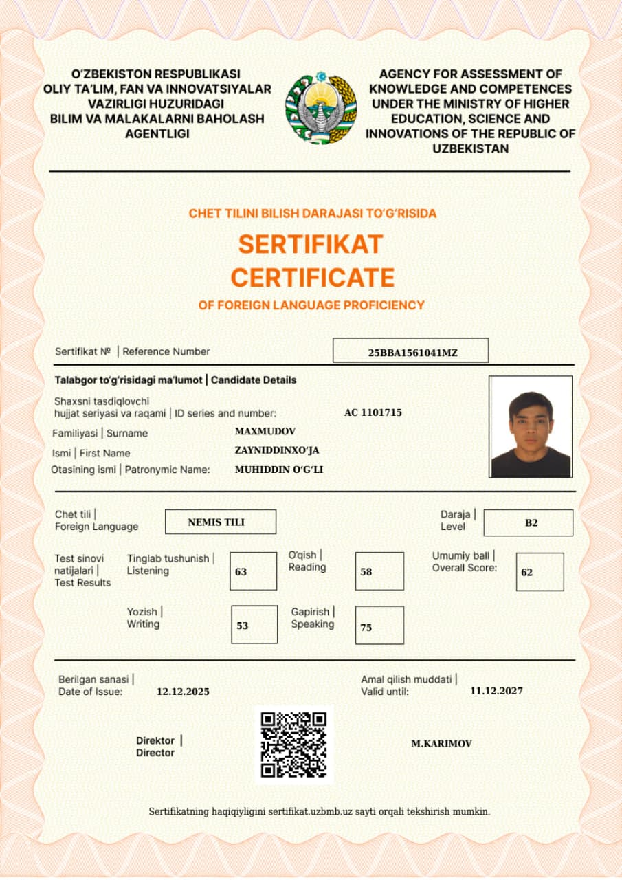 Zayniddinkhuja Makhmudov — certificate 2