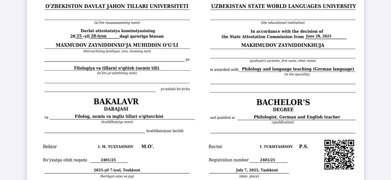 Zayniddinkhuja Makhmudov — Magister diploma